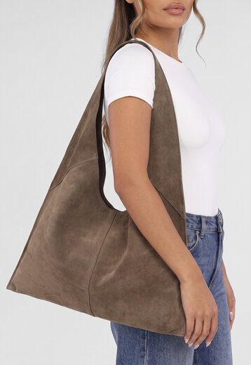 Taupe Lederen Suède Hobo Schoudertas Groot