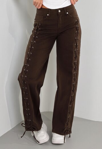 Bruine Wide Leg Jeans met Veterdetails