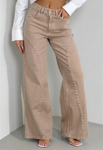 Beige Wide Leg Broek met Studs