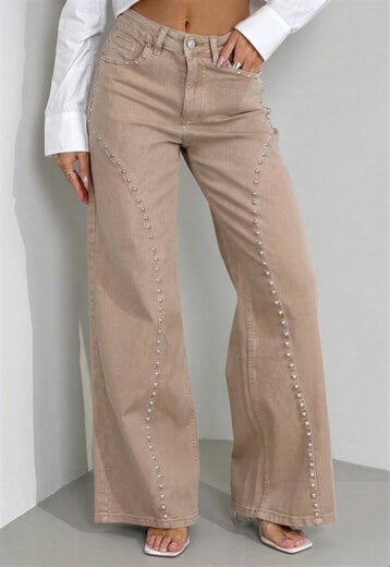 CAMPAGNEJEANS Beige Wide Leg Broek met Studs