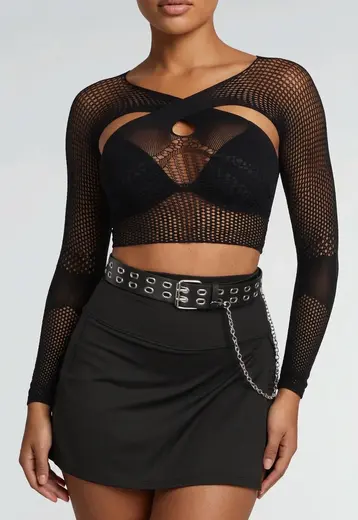 Cropped Fishnet Top met Gekruiste Look