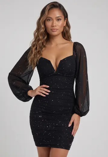 Geplooide Zwarte Jurk met Zilveren Glitters