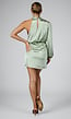 Groene Satijnen One Shoulder Mini Jurk met Lange Mouw en Stretch