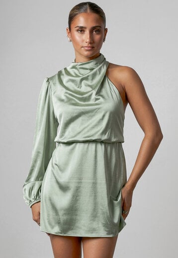 NEW260826 Groene Satijnen One Shoulder Stretch Jurk
