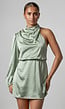 Groene Satijnen One Shoulder Mini Jurk met Lange Mouw en Stretch