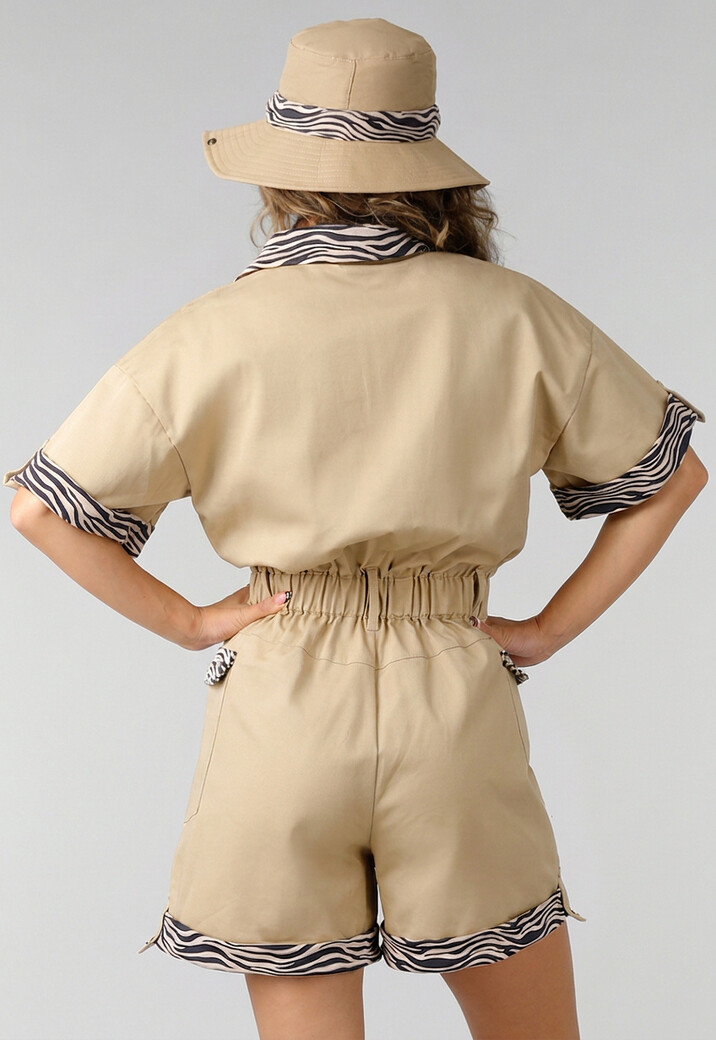 Beige Safari Playsuit met Zebraprint, Safarihoed en Verrekijker