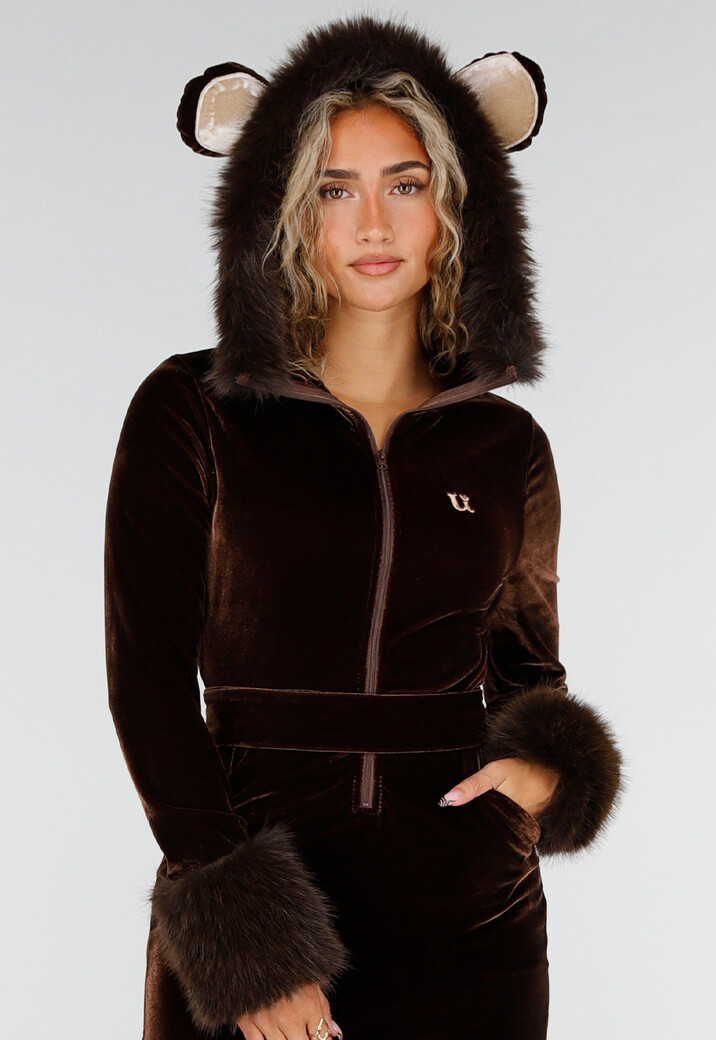 Bruin Velvet Beertje Kostuum met Jurkje, Riem en Beenwarmers