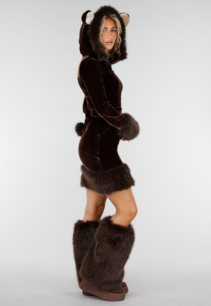 Bruin Velvet Beertje Kostuum met Jurkje, Riem en Beenwarmers