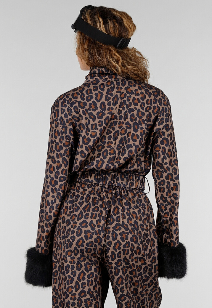 Bruin Leopard Skipak Kostuum met Skibril en Zwarte Bontdetails