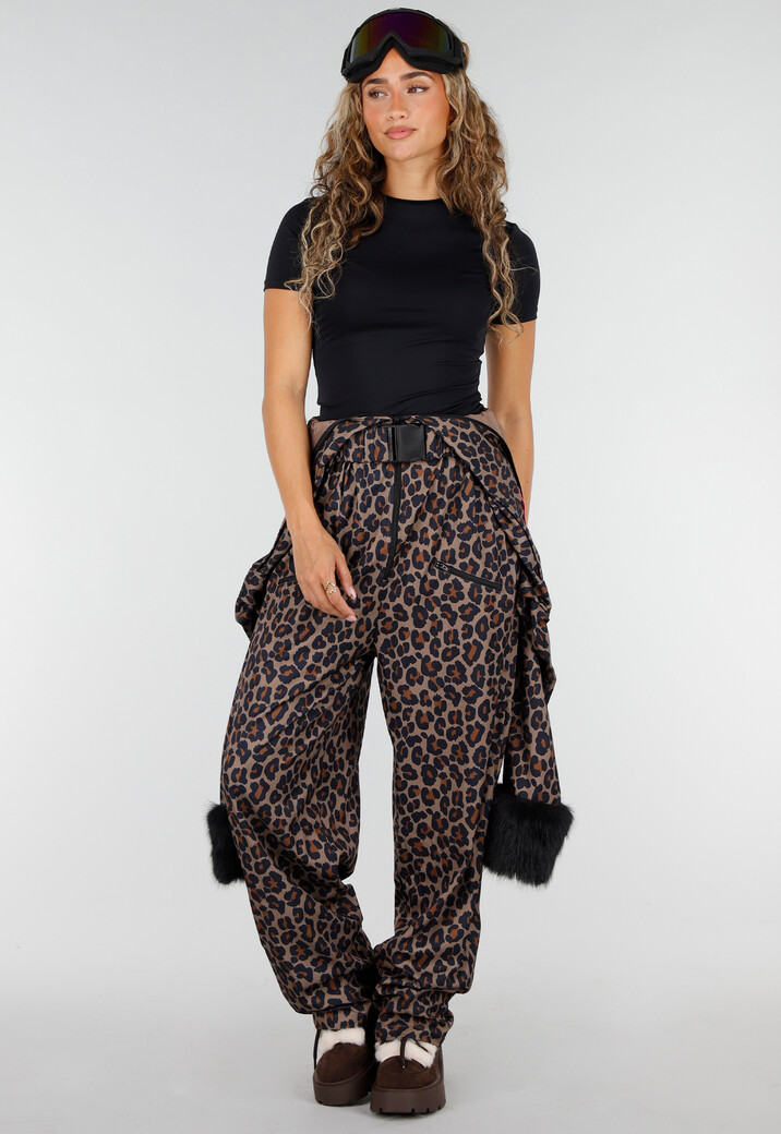 Bruin Leopard Skipak Kostuum met Skibril en Zwarte Bontdetails