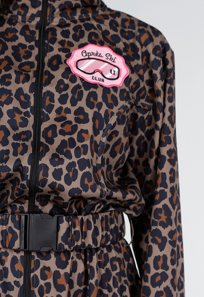 Bruin Leopard Skipak Kostuum met Skibril en Zwarte Bontdetails