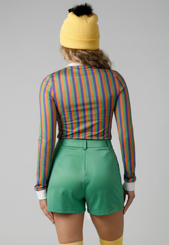 Bert Kostuum met Gestreept Shirt Groen Broekje Gele Muts en Sokken