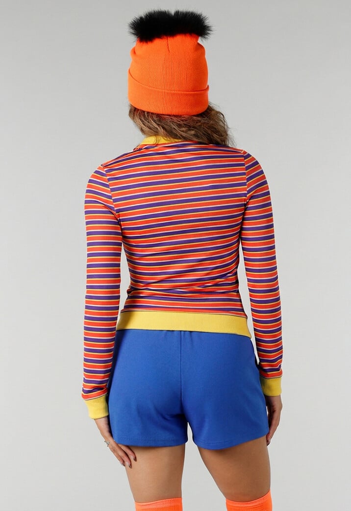 Ernie Kostuum met Gestreept Shirt Blauw Broekje Oranje Muts en Sokken