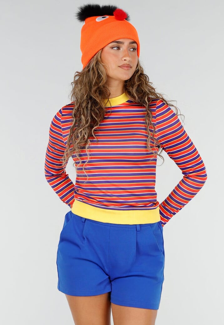 Ernie Kostuum met Gestreept Shirt Blauw Broekje Oranje Muts en Sokken