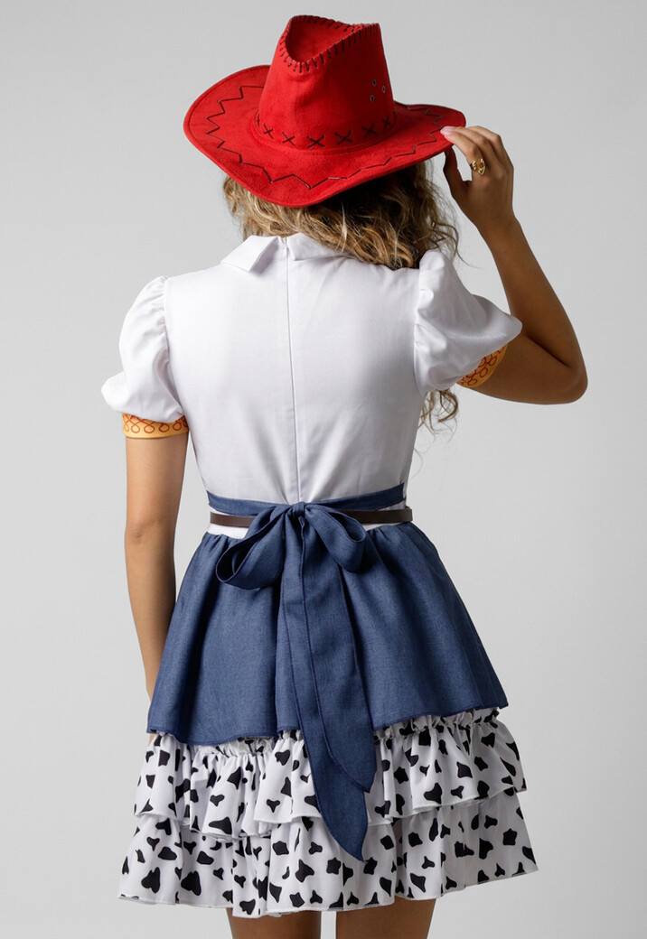 Cowgirl Kostuum met Jurk Rode Cowboyhoed en Koeienprint Beenwarmers