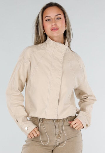 Beige Kort Jasje met Opstaande Kraag