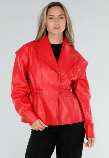 Rood Lederlook Jasje met Getailleerde Fit