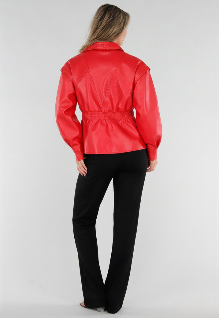 Rood Lederlook Jasje met Brede Revers en Elastische Taille