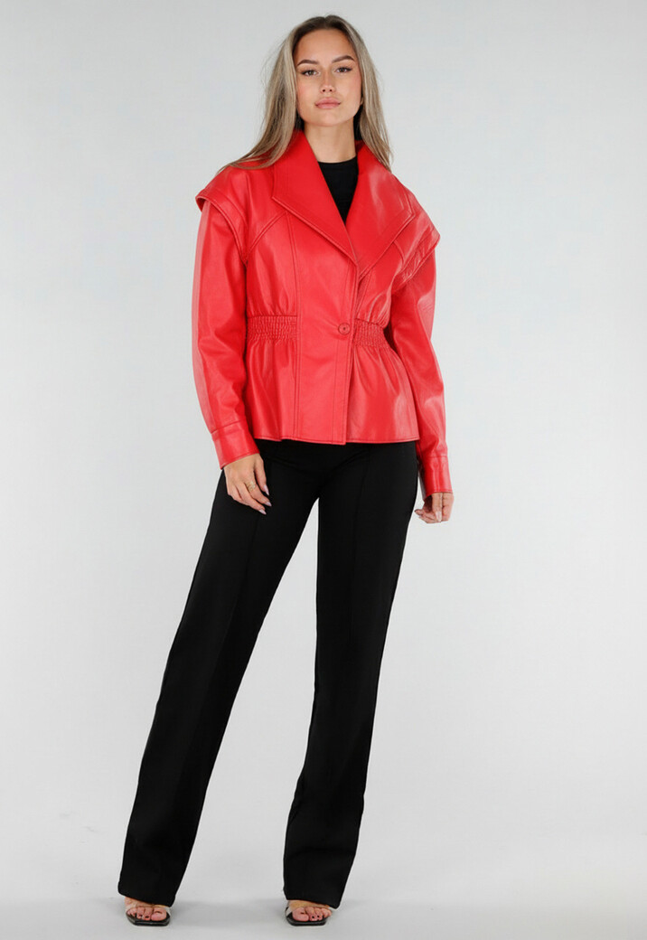 Rood Lederlook Jasje met Brede Revers en Elastische Taille