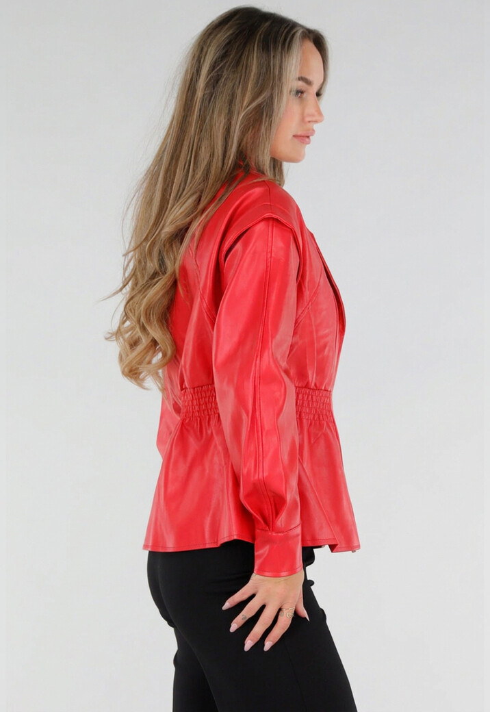 Rood Lederlook Jasje met Brede Revers en Elastische Taille