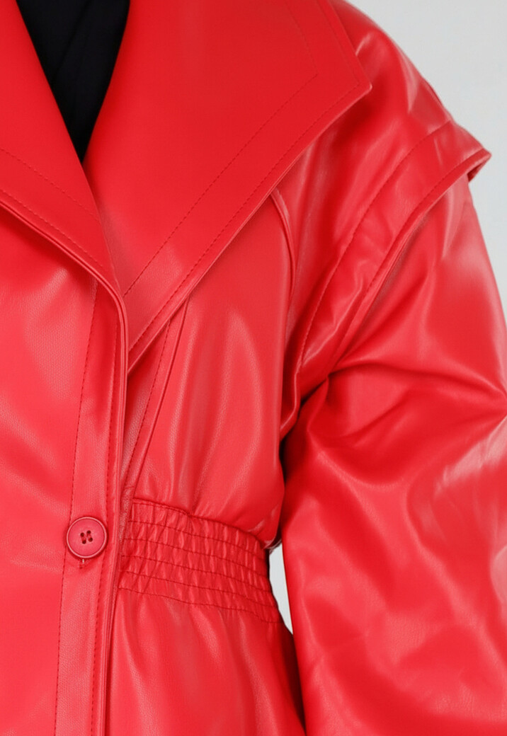 Rood Lederlook Jasje met Brede Revers en Elastische Taille