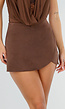 Bruine Suèdelook Skort met Hoge Taille en Ronde Overslag