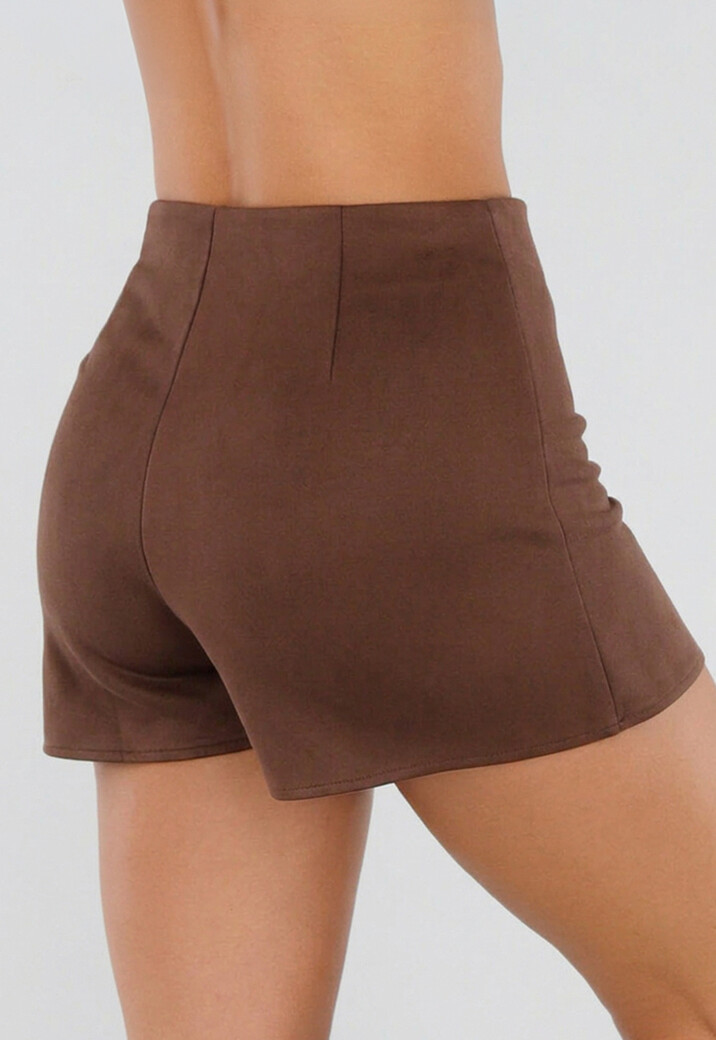 Bruine Suèdelook Skort met Hoge Taille en Ronde Overslag