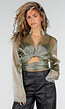 Groene Metallic Wikkeltop met Lange Wijde Mouwen en Strikbanden