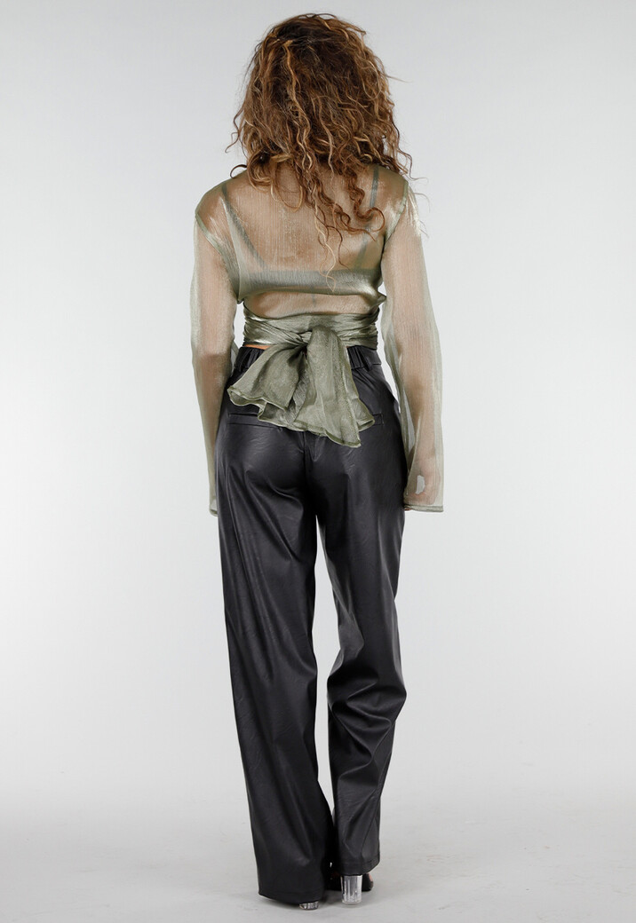 Groene Metallic Wikkeltop met Lange Wijde Mouwen en Strikbanden