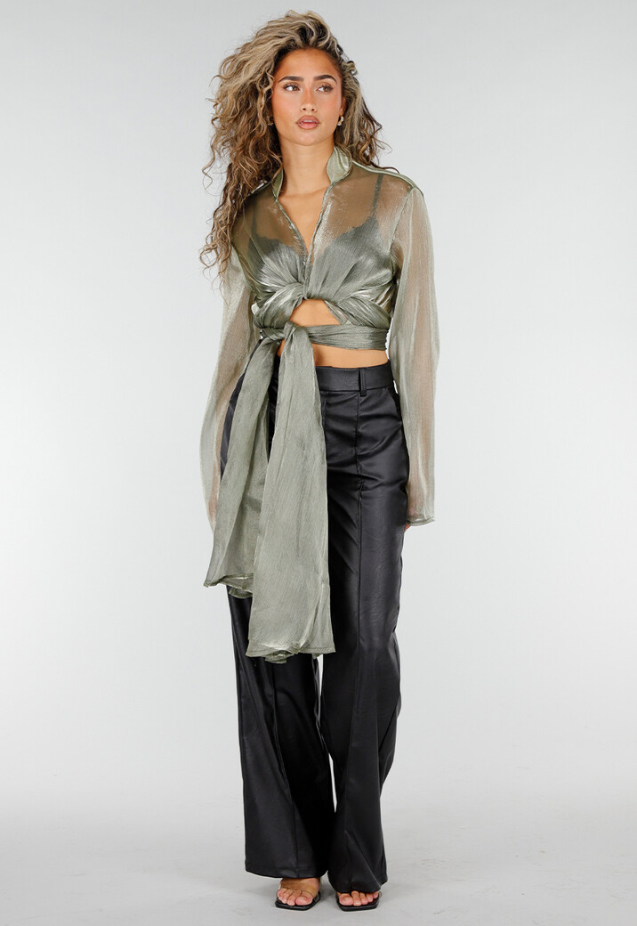 Groene Metallic Wikkeltop met Lange Wijde Mouwen en Strikbanden