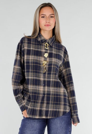 Blauwe Geruite Blouse met Gouden Broches