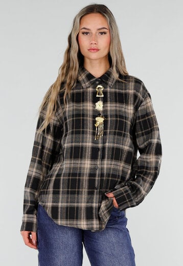 Zwart Grijze Geruite Blouse met Broches