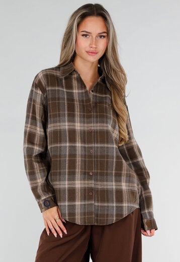 Bruine Geruite Blouse met Borduursels