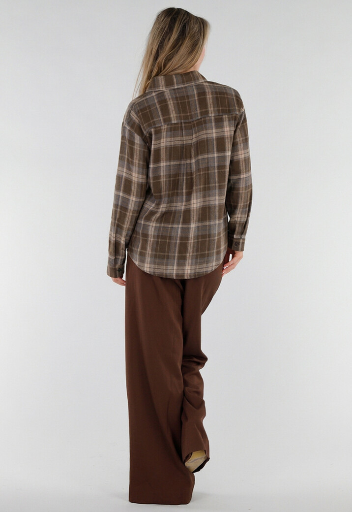 Bruine Geruite Blouse met Lange Mouwen en Geborduurde Details