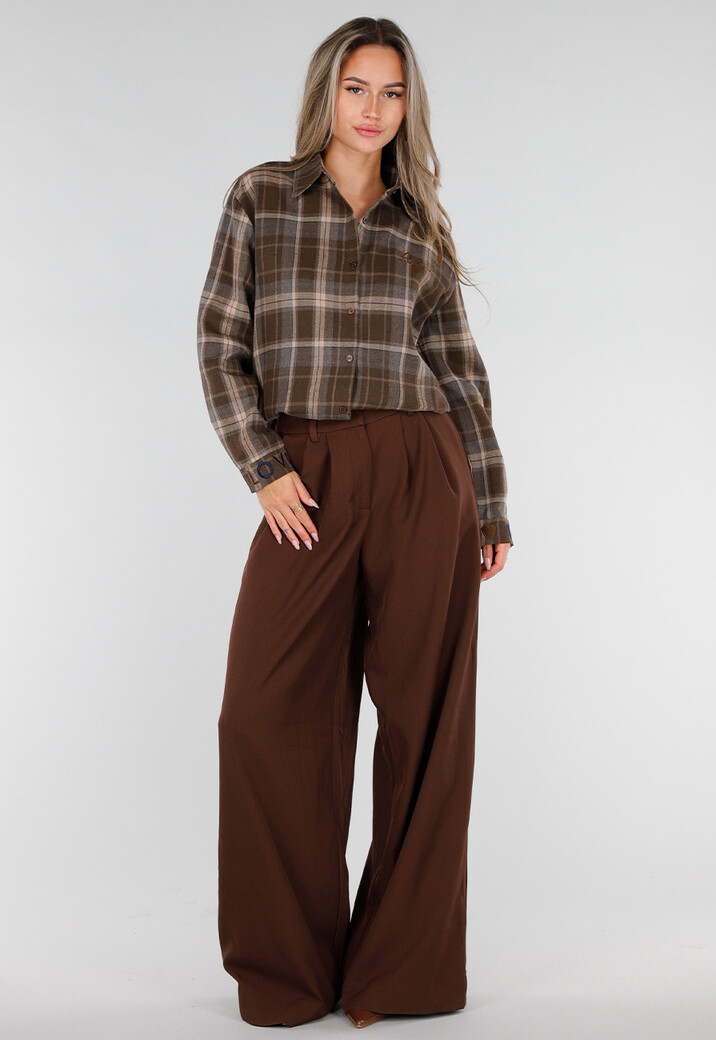 Bruine Geruite Blouse met Lange Mouwen en Geborduurde Details