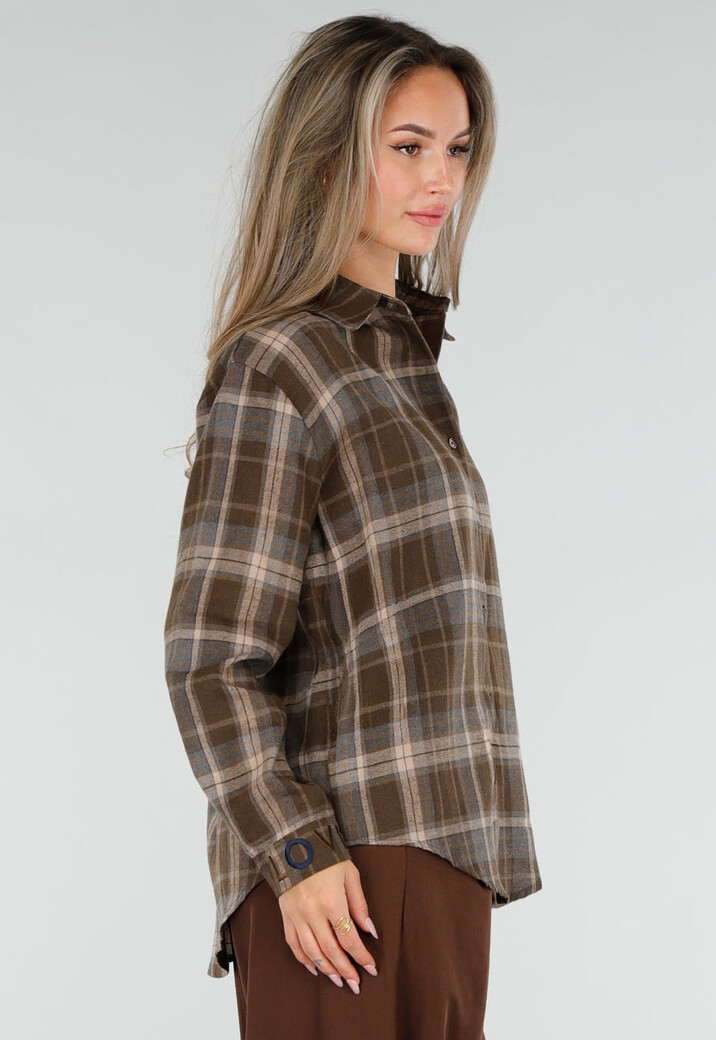 Bruine Geruite Blouse met Lange Mouwen en Geborduurde Details