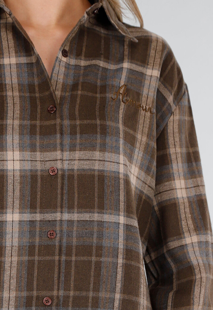 Bruine Geruite Blouse met Lange Mouwen en Geborduurde Details
