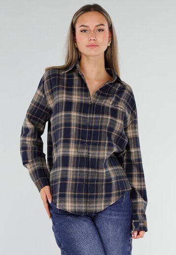Donkerblauwe Geruite Blouse met Borduursels