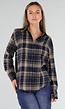 Donkerblauwe Geruite Blouse met Lange Mouwen en Geborduurde Details