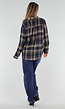 Donkerblauwe Geruite Blouse met Lange Mouwen en Geborduurde Details