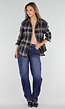 Donkerblauwe Geruite Blouse met Lange Mouwen en Geborduurde Details