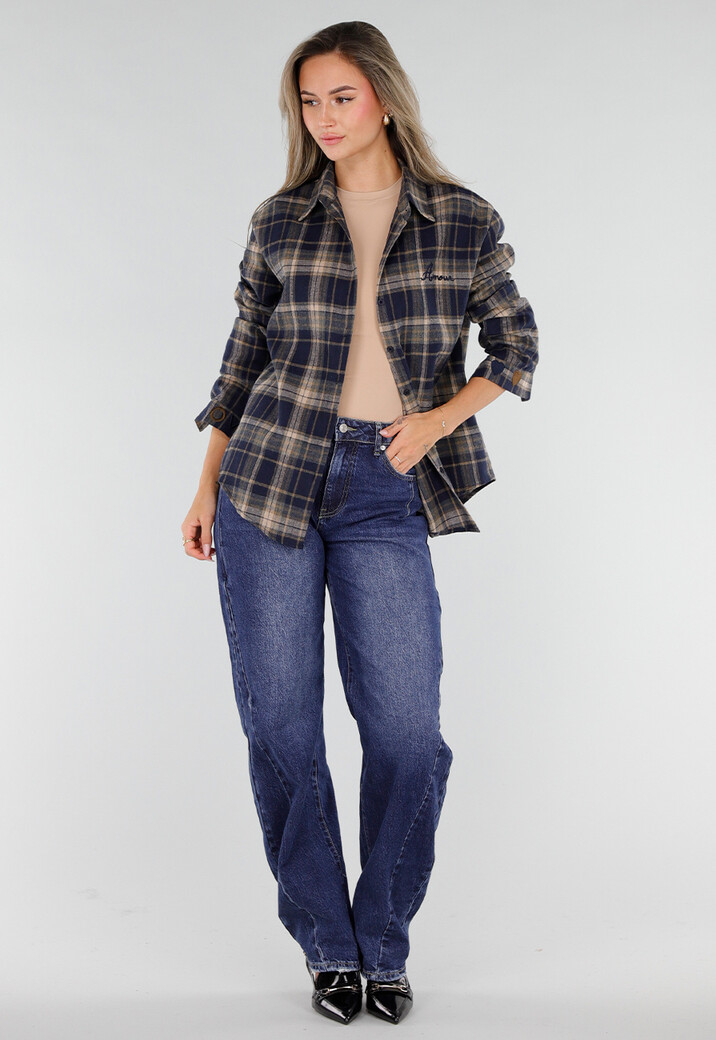 Donkerblauwe Geruite Blouse met Lange Mouwen en Geborduurde Details