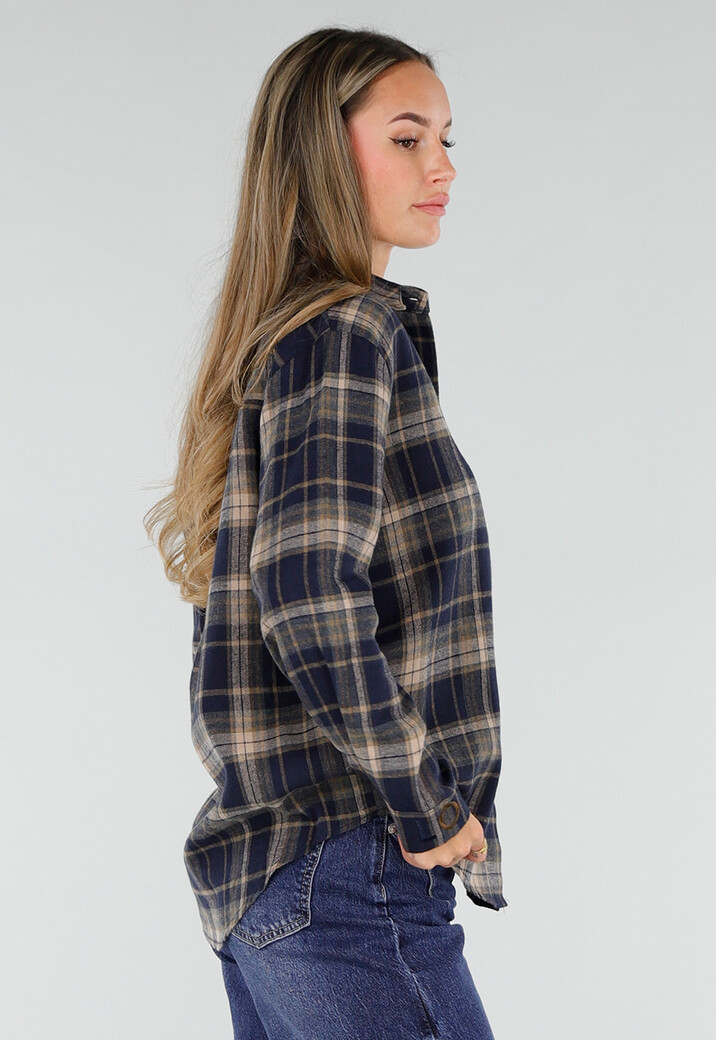 Donkerblauwe Geruite Blouse met Lange Mouwen en Geborduurde Details