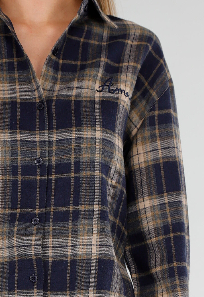 Donkerblauwe Geruite Blouse met Lange Mouwen en Geborduurde Details