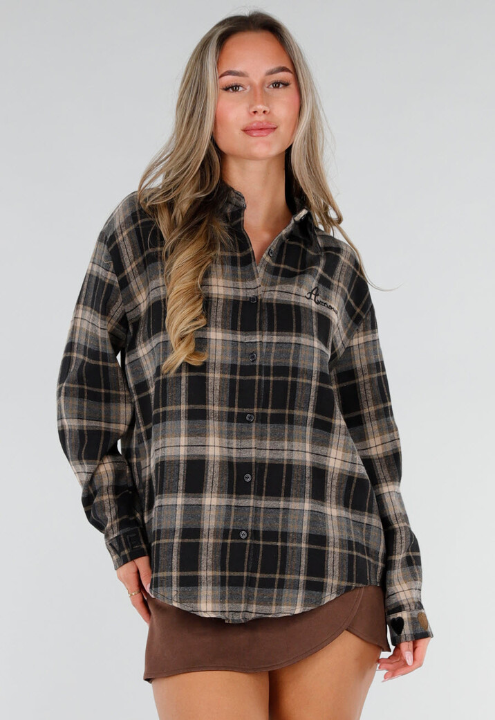 Zwart Geruite Blouse met Lange Mouwen en Geborduurde Details