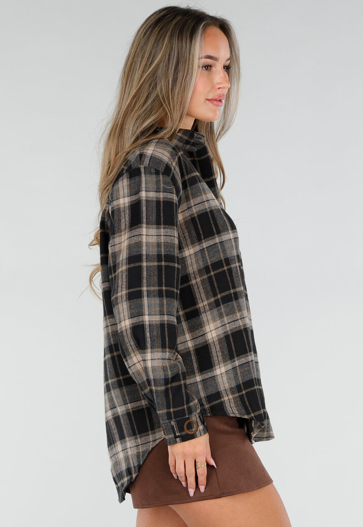 Zwart Geruite Blouse met Lange Mouwen en Geborduurde Details