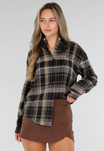 Zwart Geruite Blouse met Borduursels