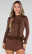 Bruin Geribd Vest met Lange Mouwen, Knopen en Kanten Details