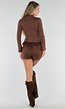 Bruin Geribd Vest met Lange Mouwen, Knopen en Kanten Details