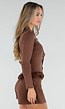 Bruin Geribd Vest met Lange Mouwen, Knopen en Kanten Details
